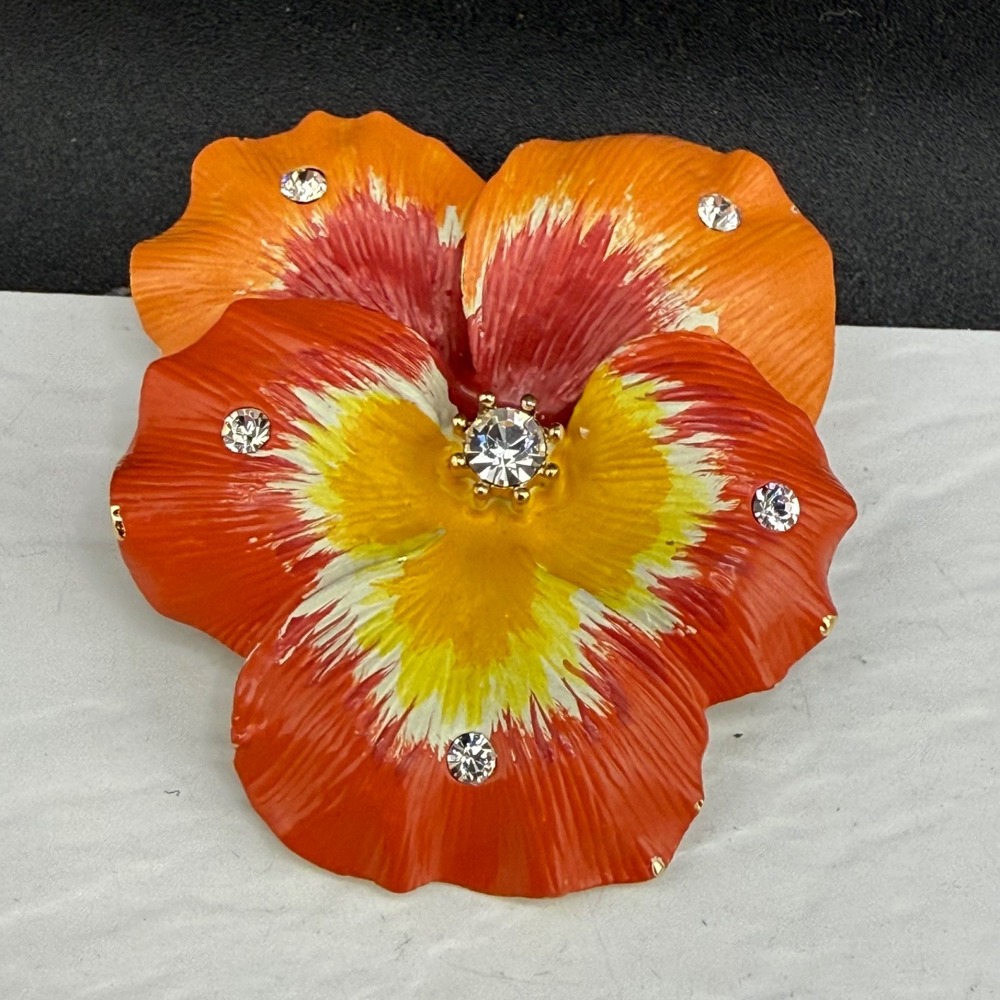 Vintage Nolan Miller Brooch Enamel Flower Red Yellow Orange Rhinestone Signed